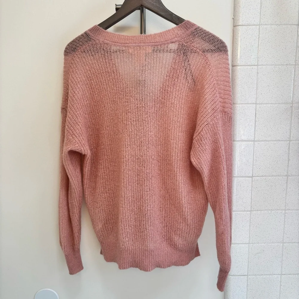 Y2K Cottagecore Pink Sweater Size XS Open Knit Long V Neck Oversized Semi Sheer
